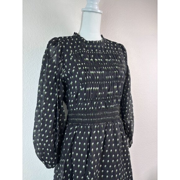 Melissa Nepton women's small black floral Robe Mona peasant smocked mini dress‎ - Picture 3 of 10